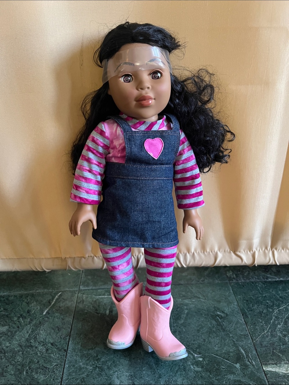 Sweetheart Denim Pinafore Doll in Pink Stripes with Pink Boots